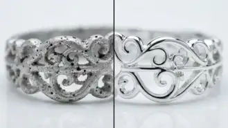Close-up of a smooth silver ring cast using Ransa Alloys silver master alloy to prevent porosity and surface defects.