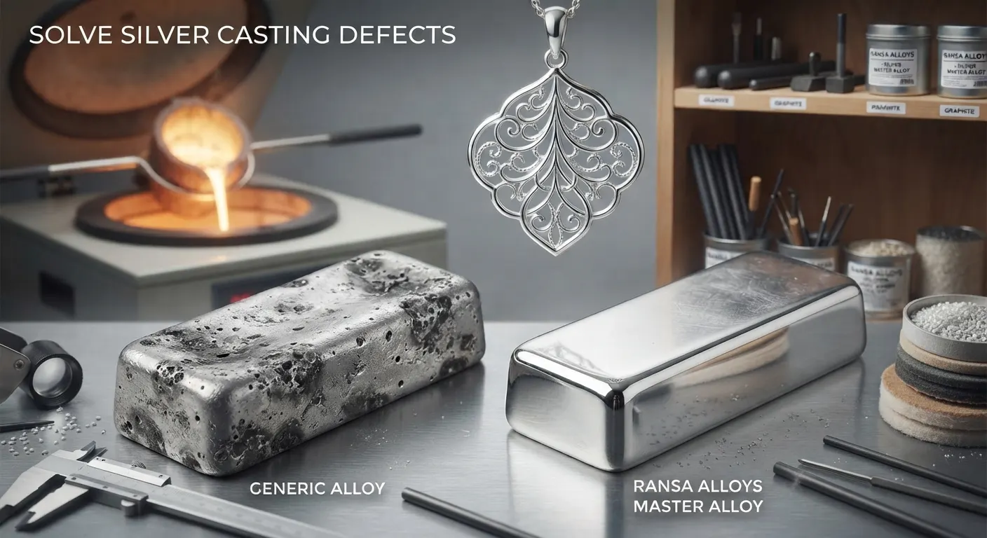 A side-by-side comparison of a rough, porous Generic Alloy silver bar and a smooth, polished Ransa Alloys Silver Master Alloy bar on a jeweler's bench, with molten metal and a finished pendant in the background.